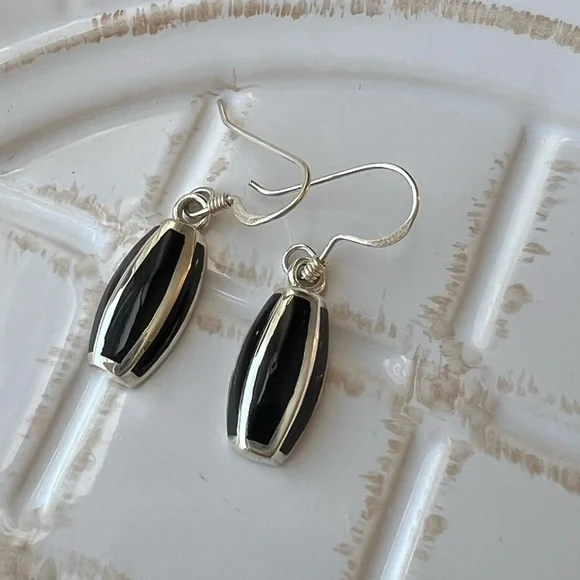 Elongated Dangle Earrings Vintage Sterling Silver 925 NOS Black Onyx - Picture 2 of 4